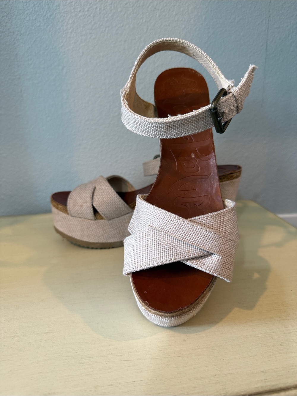 Textured Cream Wedge Sandals with Ankle Buckle 1000-4